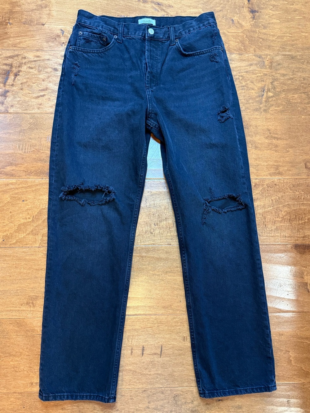 NUUDS Jet Black Distressed Straight Leg Jeans Button Fly 100% Cotton